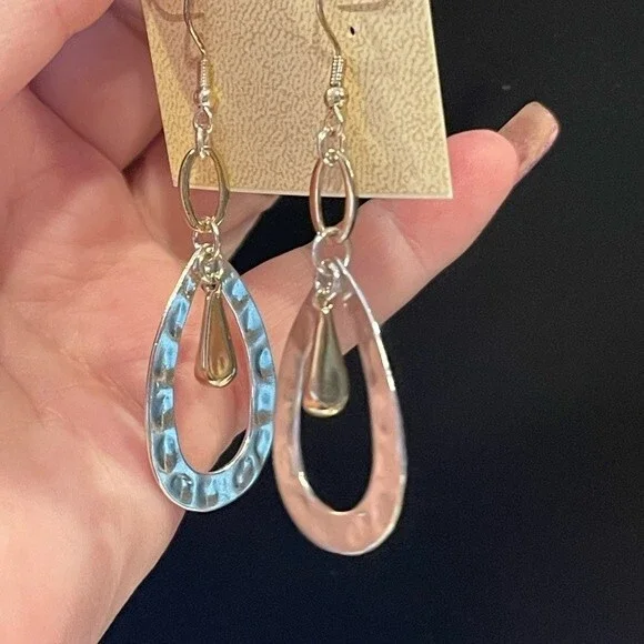 Hannah essentials 2 tone silver gold tear drop earrings 2 3/4 inch - Picture 4 of 7